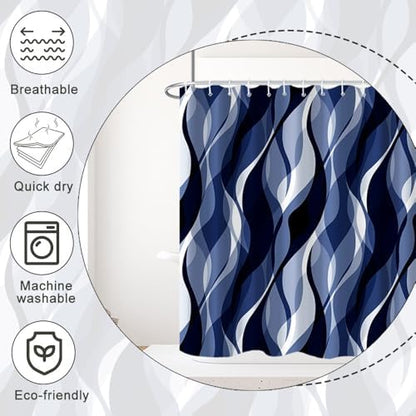 Navy Blue Striped Shower Curtain Extra Wide 108x72 inch 18 Hooks