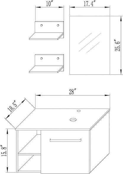 YOURLITE 28" Wall Mounted Bathroom Vanity Modern Lavatory Wood Cabinet with Mirror Oval Gold Boat Tempered Glass Sink Combo Vanities Set