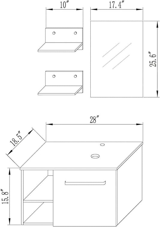 YOURLITE 28" Wall Mounted Bathroom Vanity Modern Lavatory Wood Cabinet with Mirror Oval Gold Boat Tempered Glass Sink Combo Vanities Set