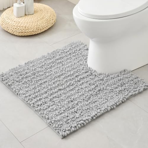 Disolla Toilet Rug 24x24 Inch - Silver U-Shaped Bathroom Floor Mat, Soft Shaggy Plush Absorbent Chenille Contour Rug, Non-Slip Washable Pedestal Base Rug