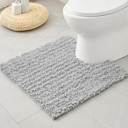 Disolla Toilet Rug 24x24 Inch - Silver U-Shaped Bathroom Floor Mat, Soft Shaggy Plush Absorbent Chenille Contour Rug, Non-Slip Washable Pedestal Base Rug