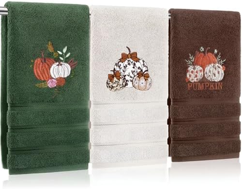 FuWeave 3 Pcs Green Brown Fall Pumpkin Hand Towels for Bathroom