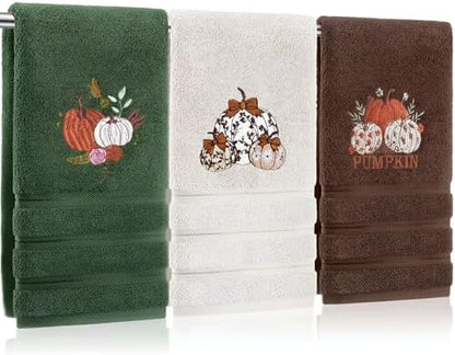 FuWeave 3 Pcs Green Brown Fall Pumpkin Hand Towels for Bathroom
