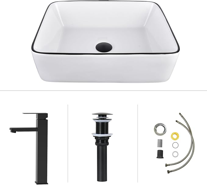 48'' Bathroom Vanity with Sink, Modern Bathroom Cabinet Black | 4 Soft-Close Cabinet Doors, 4 Drawers, 4-Tier Inner Shelf, Freestanding Large Storage Cabinet, Two White Ceramic Vessel Sinks