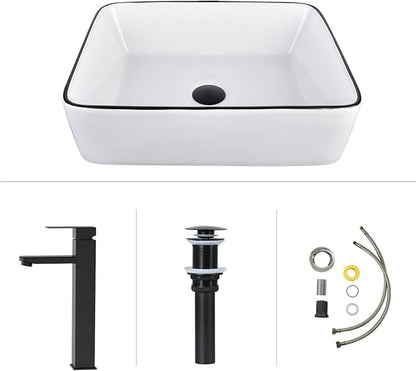 48'' Bathroom Vanity with Sink, Modern Bathroom Cabinet Black | 4 Soft-Close Cabinet Doors, 4 Drawers, 4-Tier Inner Shelf, Freestanding Large Storage Cabinet, Two White Ceramic Vessel Sinks