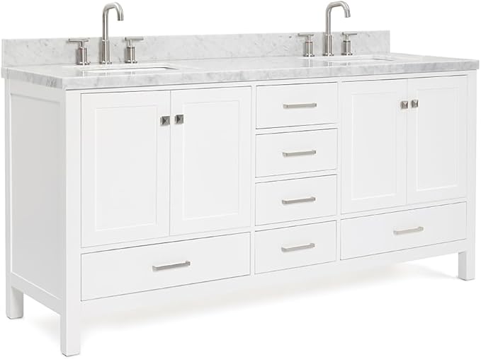 ARIEL Cambridge 72-inch Bathroom Vanity with Sink,Solid Wood, 1.5-inch Italian Carrara Marble Countertop, Double Rectangular Porcelain Sink, 4 Soft Closing Doors, 6 Dovetail Drawers, White