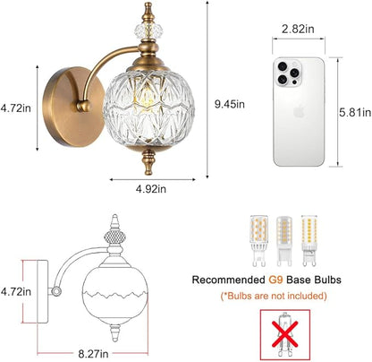 Brushed Gold Bathroom Wall Sconce Vintage Style - G9 Bulb Compatible, Small Hardwired Bathroom Vanity Lighting with Hand-Etched Glass Shades, Easy Mounted for Bedroom Living Room Hallway
