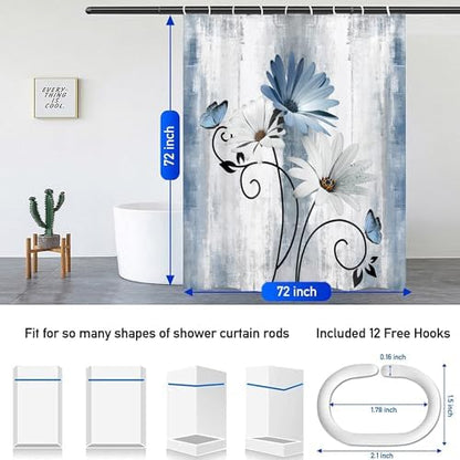NBVKO 4PCS Rustic Blue Flower Farmhouse Shower Curtain Set,Waterproof Blue Daisy Floral Bathroom Decor Accessory Set