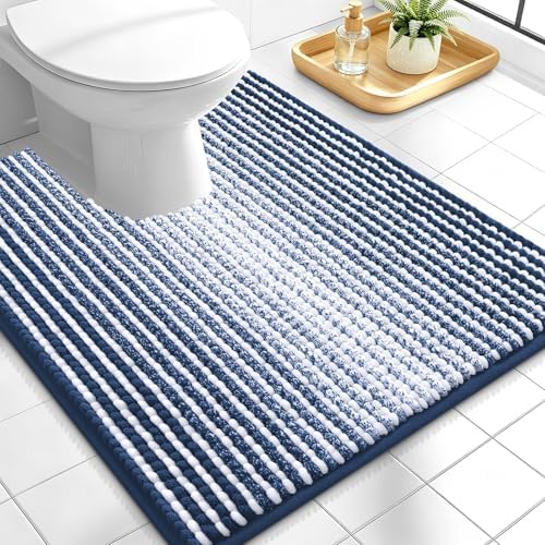 OLANLY Toilet Rugs U-Shaped 24x20, Soft Chenille Contour Bath Mat, Navy