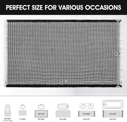Upgraded Waffle Bath Mat, 36"x24" Black & White, Super Absorbent Non-Slip Quick Dry Bathroom Rugs with Tassels, Machine Washable Ultra Soft Boho Bath Rugs for Floor, Toilet Mats Boho Farmhouse Decor