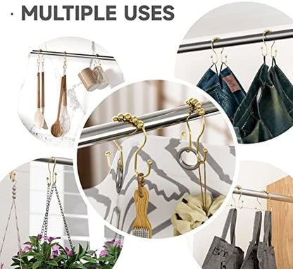 Bathway Gold Shower Curtain Hooks, Shower Curtain Hook Shower Curtain Rings Rust Proof Smooth Double Shower Curtain Hooks, Shower Hooks for Shower Curtain Bathroom Shower Rod Hook 12 Pcs