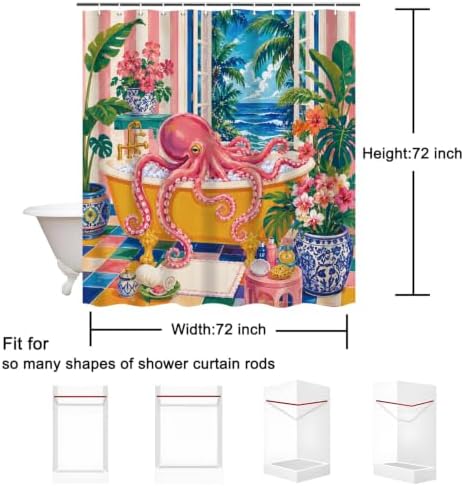 Tropical Octopus Shower Curtain, Ocean Bathroom Decor, 72 x 72