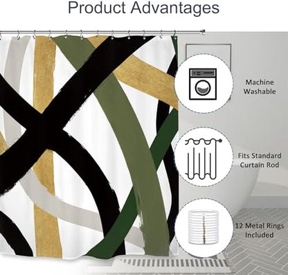 Abstract Modern Line Shower Curtain 60Wx72L Inch Black Army Green Minimalist Contemporary Art Neutral Simple Bathroom Set Accessories Decor with 12 Pack Hooks
