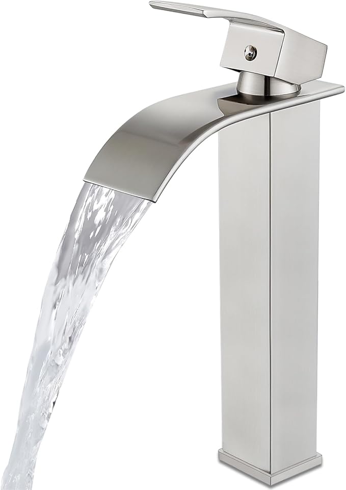 Midanya Waterfall Spout Bathroom Faucet Single Handle 1 Hole Bathroom Sink Faucet,Modern RV Lavatory Vanity Basin Tap with Water Hose,No Drain,Tall Body,Brushed Nickel