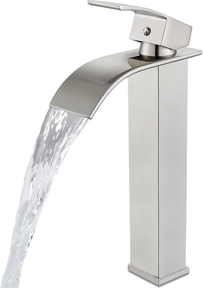 Midanya Waterfall Spout Bathroom Faucet Single Handle 1 Hole Bathroom Sink Faucet,Modern RV Lavatory Vanity Basin Tap with Water Hose,No Drain,Tall Body,Brushed Nickel