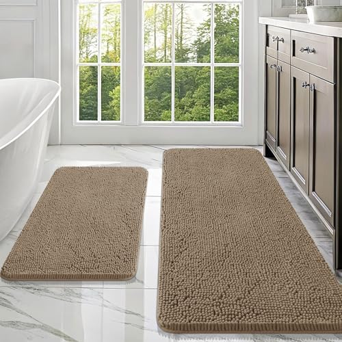 OLANLY Chenille Bathroom Rugs Mats Sets 2 Piece, 47"x20"+30"x20", Tan