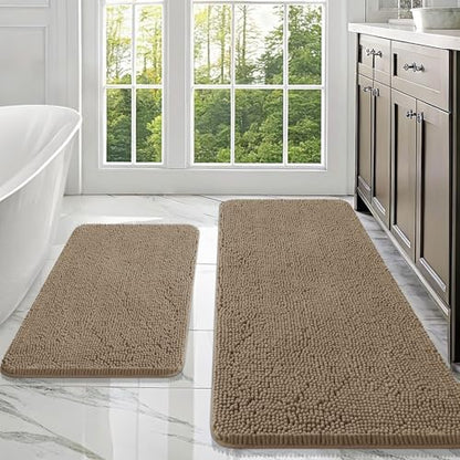 OLANLY Chenille Bathroom Rugs Mats Sets 2 Piece, 47"x20"+30"x20", Tan
