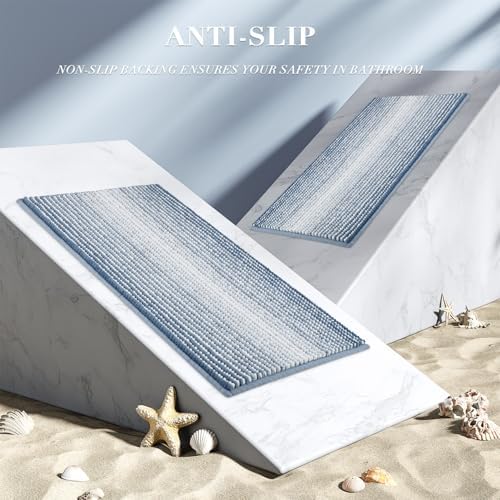 BSICPRO Bathroom Rugs Sets 2 Piece, Non Slip Striped Bath Mats, Fog Blue
