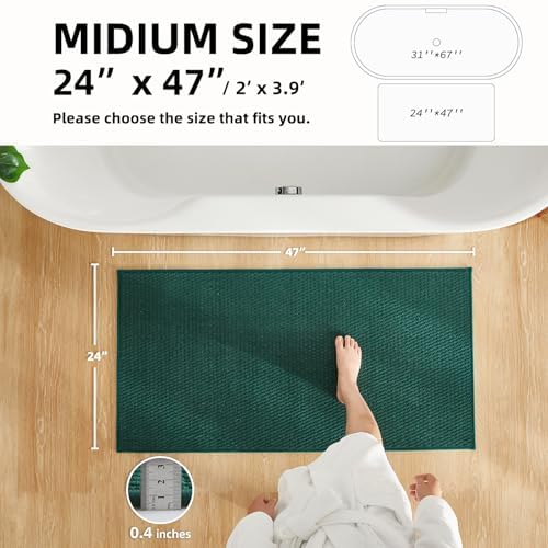 TYUU Bathroom Rugs Non Slip Washable, Super Absorbent Thin Bath Mat Quick Dry Low Pile Bathroom Rug, Dark Green 24"x47"