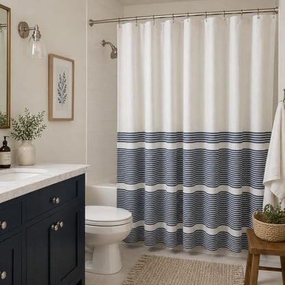 Serafina Home Nautical Striped Navy Denim Blue & White Shower Curtain