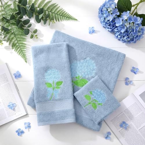 3 Pcs Hydrangea Floral Bathroom Towel Set Farmhouse Embroidered Hydrangea Floral Towels Vintage Decorative 100% Cotton Bath Towel Highly Absorbent Elegant Decor Set for Bathroom