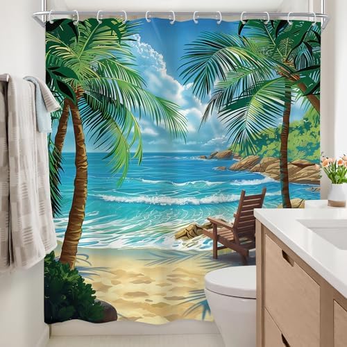 Ocean Coastal Nautical Beach Tropical Palm Tree Bathroom Shower Curtain Set