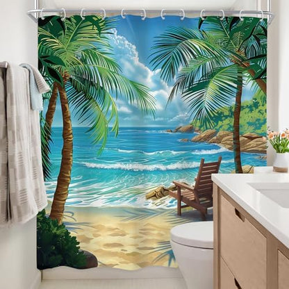 Ocean Coastal Nautical Beach Tropical Palm Tree Bathroom Shower Curtain Set