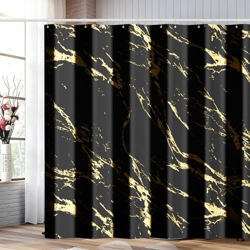 Black and Gold Shower Curtain Set with Gold Hooks, Black Marble Shower Curtain for Bathroom, Modern Luxury Fabric Bath Curtain, Waterproof Washable Polyester Bathroom Decor, 72 x 72 Inches