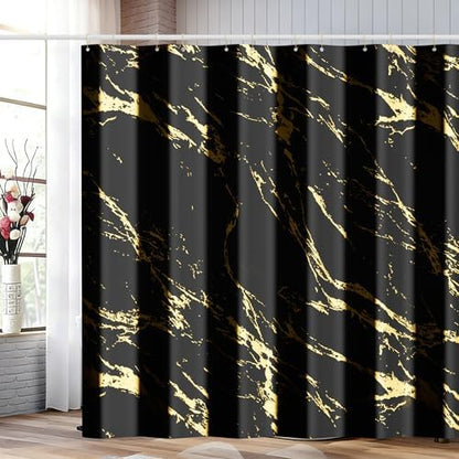 Black and Gold Shower Curtain Set with Gold Hooks, Black Marble Shower Curtain for Bathroom, Modern Luxury Fabric Bath Curtain, Waterproof Washable Polyester Bathroom Decor, 72 x 72 Inches