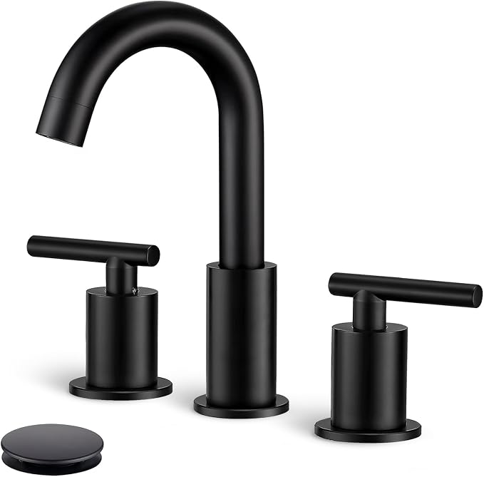 Widespread Bathroom Faucet, 2 Handle Vanity Sink Faucet Matte Black | SUS 304 Stainless Steel, 360° Swivel Spout, Pop-up Drain, Ceramic Valve, Aerated Stream, 20-Min DIY Install