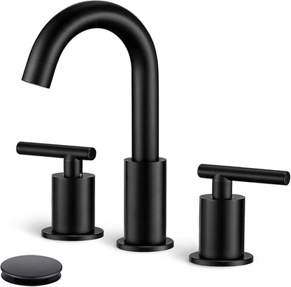 Widespread Bathroom Faucet, 2 Handle Vanity Sink Faucet Matte Black | SUS 304 Stainless Steel, 360° Swivel Spout, Pop-up Drain, Ceramic Valve, Aerated Stream, 20-Min DIY Install