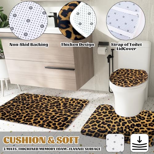 AnyDesign 28 Pcs Leopard Shower Curtain Set with Non-Slip Bath Mat U-Shaped Rug Toilet Lid Cover Cheetah Print Shower Curtain with Hooks and Black Ribbons for Bathroom Accessories & Decor