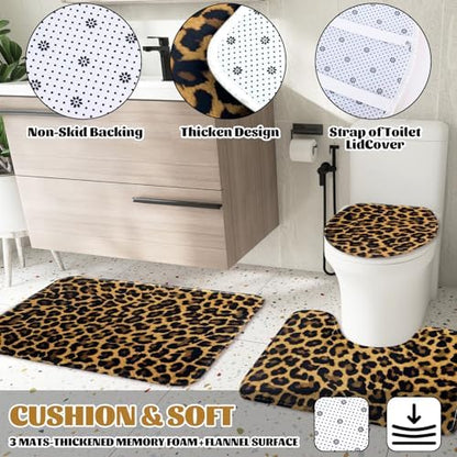 AnyDesign 28 Pcs Leopard Shower Curtain Set with Non-Slip Bath Mat U-Shaped Rug Toilet Lid Cover Cheetah Print Shower Curtain with Hooks and Black Ribbons for Bathroom Accessories & Decor