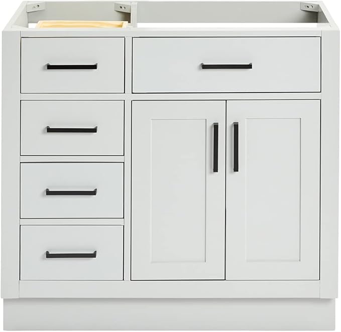 ARIEL Hepburn 36-inch Bathroom Vanity Base Cabinet,Solid Wood, 2 Soft Closing Doors, 5 Dovetail Drawers, Grey