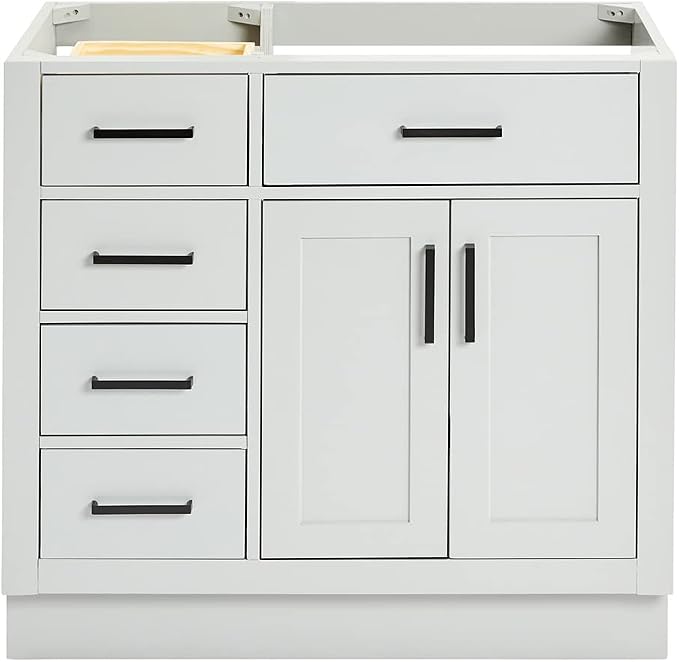 ARIEL Hepburn 36-inch Bathroom Vanity Base Cabinet,Solid Wood, 2 Soft Closing Doors, 5 Dovetail Drawers, Grey