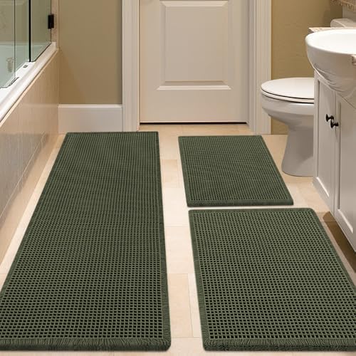 IM HOME Waffle Bath Mat Set Dark Green 3 Piece,Woven Modern Bath Rug Mats, Absorbent Non Slip Bath Floor Mat, Soft Washable Boho Bath Rugs with Tassels for Bathroom, Bedroom, Kitchen,Tub