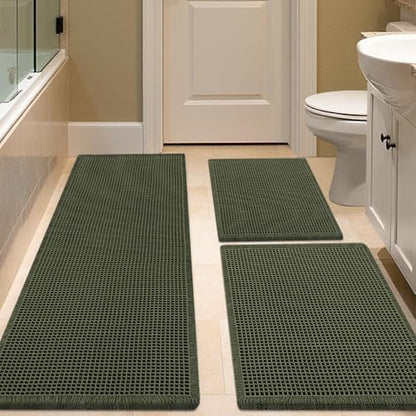 IM HOME Waffle Bath Mat Set Dark Green 3 Piece,Woven Modern Bath Rug Mats, Absorbent Non Slip Bath Floor Mat, Soft Washable Boho Bath Rugs with Tassels for Bathroom, Bedroom, Kitchen,Tub