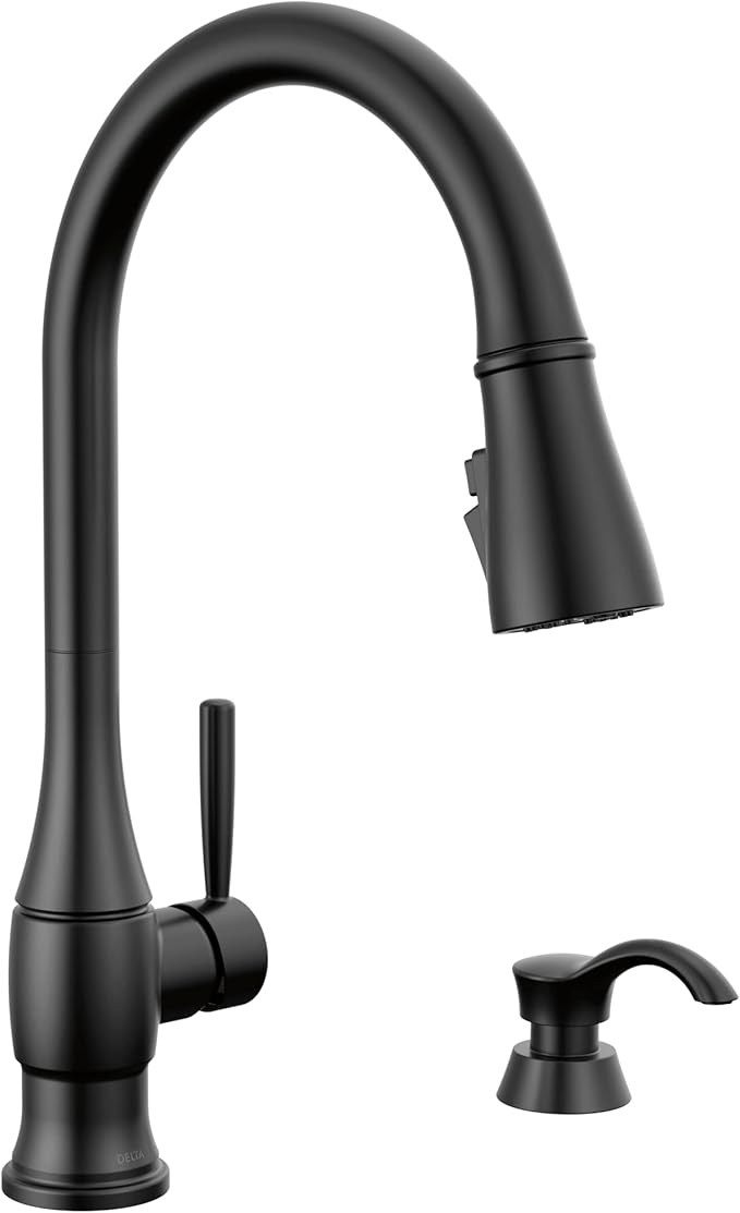 Delta Hazelwood Matte Black Kitchen Faucet with Pull Down Sprayer and Soap Dispenser, Modern Single Hole Kitchen Sink Faucet, Single Handle, Matte Black 19831Z-BLSD-DST