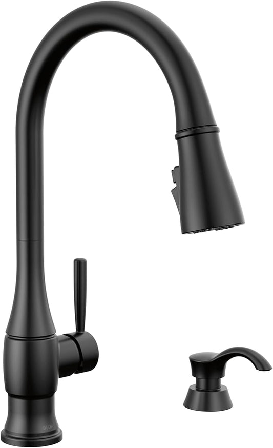 Delta Hazelwood Matte Black Kitchen Faucet with Pull Down Sprayer and Soap Dispenser, Modern Single Hole Kitchen Sink Faucet, Single Handle, Matte Black 19831Z-BLSD-DST