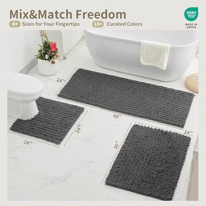 Bathroom Rugs Non Slip Washable 55x24, Extra Thick Soft Chenille Absorbent Bath Mat, High Density Barrier Non Slip Backing, Quick Dry Plush Shaggy Floor Carpet for Tub&Shower, Darkgrey