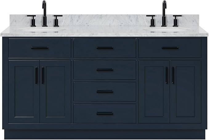 ARIEL Hepburn 66-inch Bathroom Vanity with Sink,Solid Wood, 0.75-inch Italian Carrara Marble Countertop, Double Oval Porcelain Sink, 4 Soft Closing Doors, 6 Dovetail Drawers, Midnight Blue