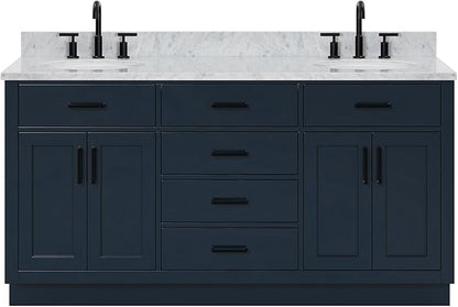 ARIEL Hepburn 66-inch Bathroom Vanity with Sink,Solid Wood, 0.75-inch Italian Carrara Marble Countertop, Double Oval Porcelain Sink, 4 Soft Closing Doors, 6 Dovetail Drawers, Midnight Blue