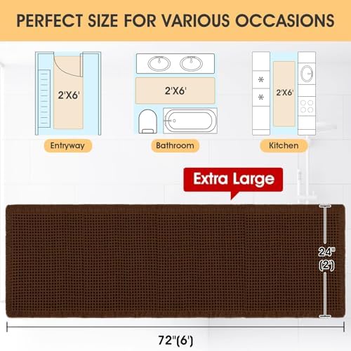 Extra Large Waffle Bath Mat Brown 6'x2'(72" x 24"), Boho Woven Modern Bath Mat Rugs, Absorbent Non Slip Bathroom Rugs, Soft Washable Bath Rugs with Tassels for Bathroom, Bedroom, Kitchen, Shower, Tub
