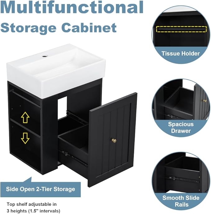 20" Floating Small Bathroom Vanity with Sink, Wall Mounted Vanity for Compact Bathrooms, Space-Saving Narrow Bathroom Vanities with Soft-Close Drawer Open Shelf Towel Bar (Black,20" Floating Drawer)