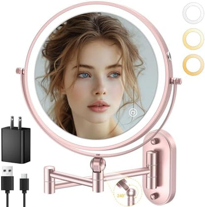 9" Wall Mounted Lighted Makeup Mirror,4000mAh Rechargeable Double Sided 1X/20X Magnifying Mirror with Light,Touch Dimmable,Extended Arm 360 Rotation Wall Mounted Makeup Mirror 3 Color Lights-Gold