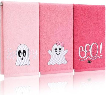 FuWeave 3 Pcs Pink Halloween Ghost Boo Hand Towels for Bathroom