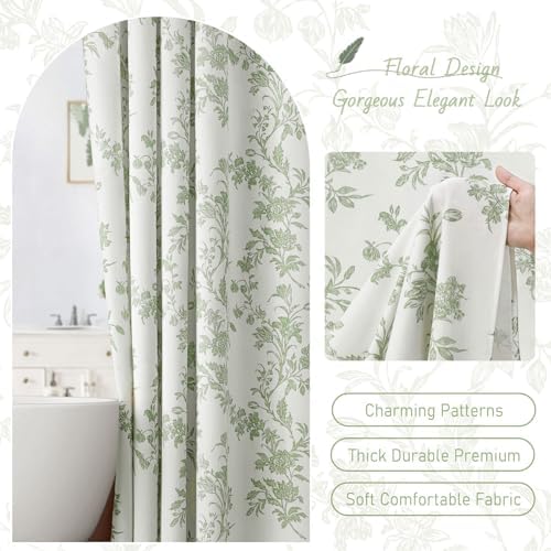 Sage Green Floral Shower Curtain,Vintage Cotton Cottagecore Shower Curtains for Bathroom, 72" W x 72" L
