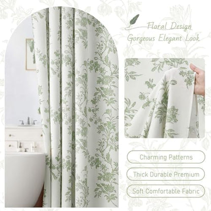 Sage Green Floral Shower Curtain,Vintage Cotton Cottagecore Shower Curtains for Bathroom, 72" W x 72" L