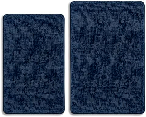 Navy Blue Bathroom Rugs Sets 2 Piece – Absorbent and Washable Bath Mat, Non-Slip, Thick Soft Chenille Bath Rugs for Bathroom Floor, Shower, Sink - 20" x 32"+24" x 36"