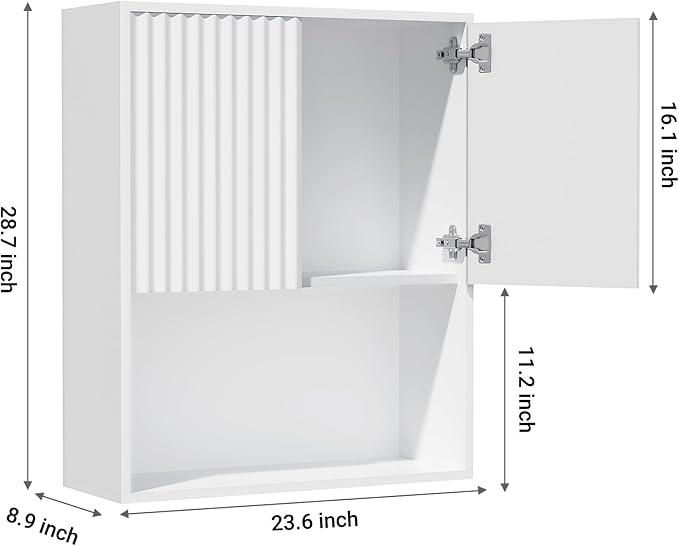 Fluted Bathroom Wall Cabinet Over the Toilet Storage,Wall Mounted Cabinet with Adjustable Shelf,Floating and Hanging Organizer,Kitchen and Laundry Room Storage (White,1 PC)